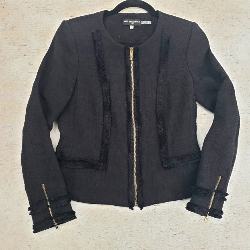 Karl Lagerfeld Paris women US 6 black blazer gold zip structured tweed jacket